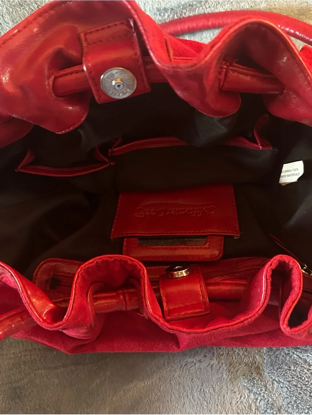 Coldwater Creek Red Drawstring Suede Satchel Purse Bag